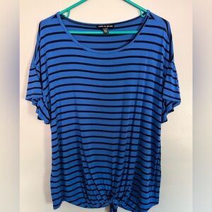 Cable and Gauge blue striped knit top with tie front. Ruffle sleeves. Size XL